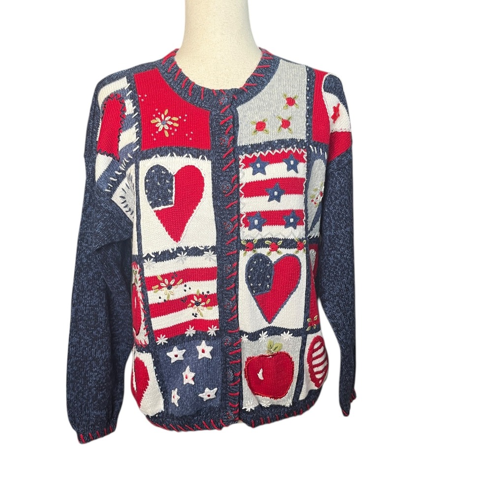 Heirloom Collectibles Patriotic‎ Heart Apple Cardigan Sweater Sz M Valentine Vtg